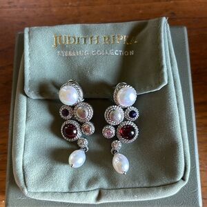 Judith Ripka marked silver genuine pearl, cz & gemstone pierced drop earrings